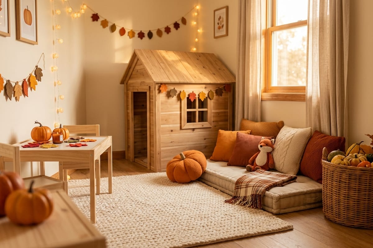 Cozy kids playroom decorated with pumpkins and autumn leaves for fall